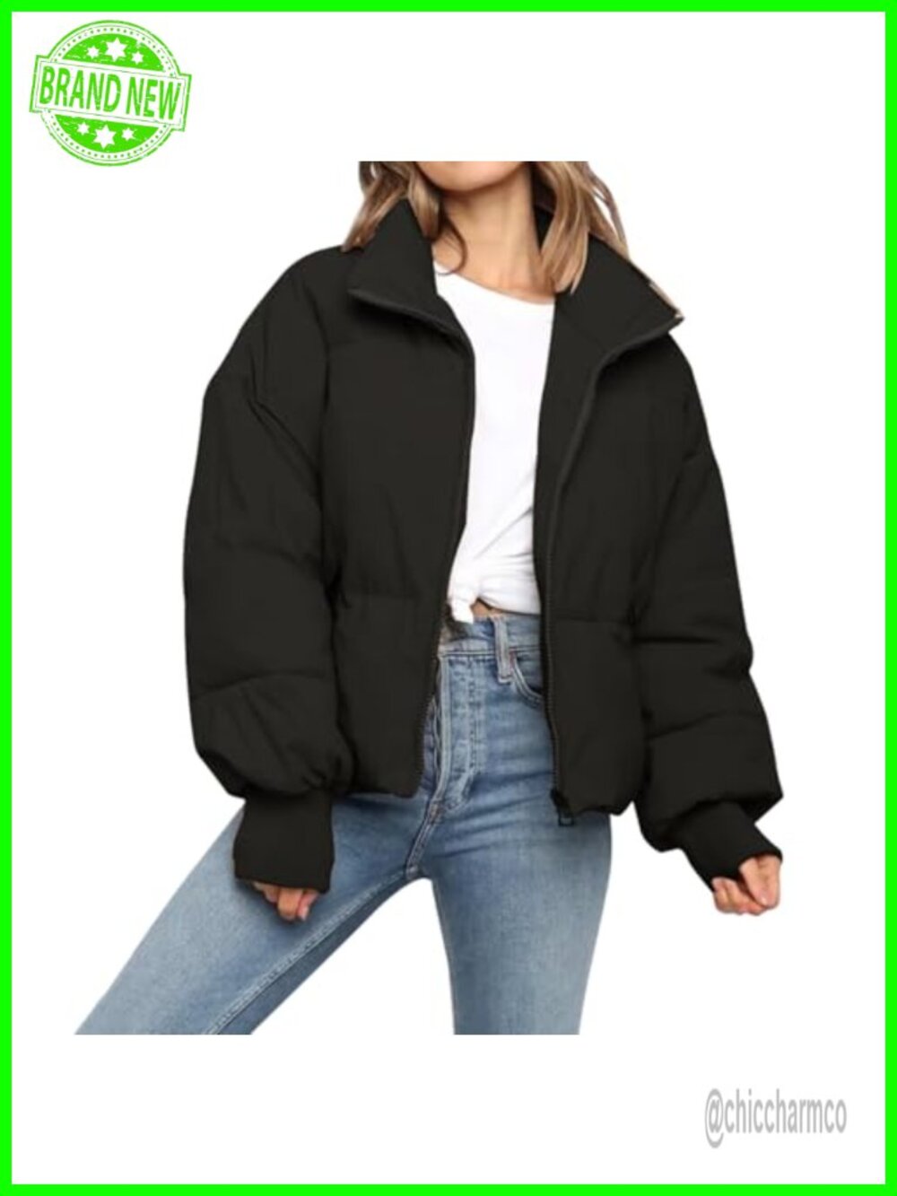 Cropped Puffer Jacket Quilted Winter Coat Oversized Zip Up Long Sleeve